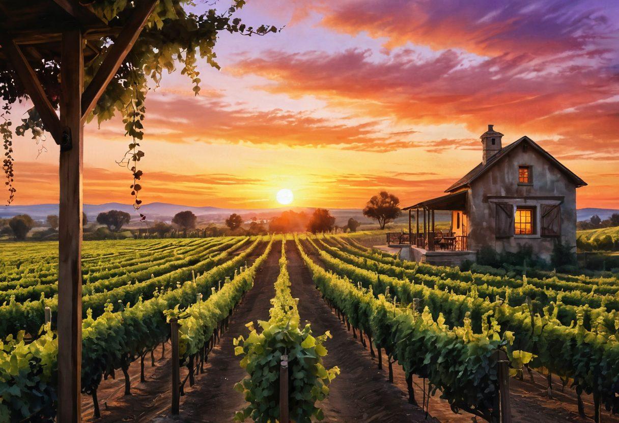 A serene vineyard landscape at sunset, with rows of grapevines leading to a rustic wooden wine cellar. Musical notes float through the air, intertwining with the vines, symbolizing the connection between sound and wine. In the foreground, a wine glass reflecting the warm colors of the sunset, inviting viewers to indulge in the experience. Soft, glowing lights around the scene create an ethereal atmosphere. watercolor painting. soft pastels.