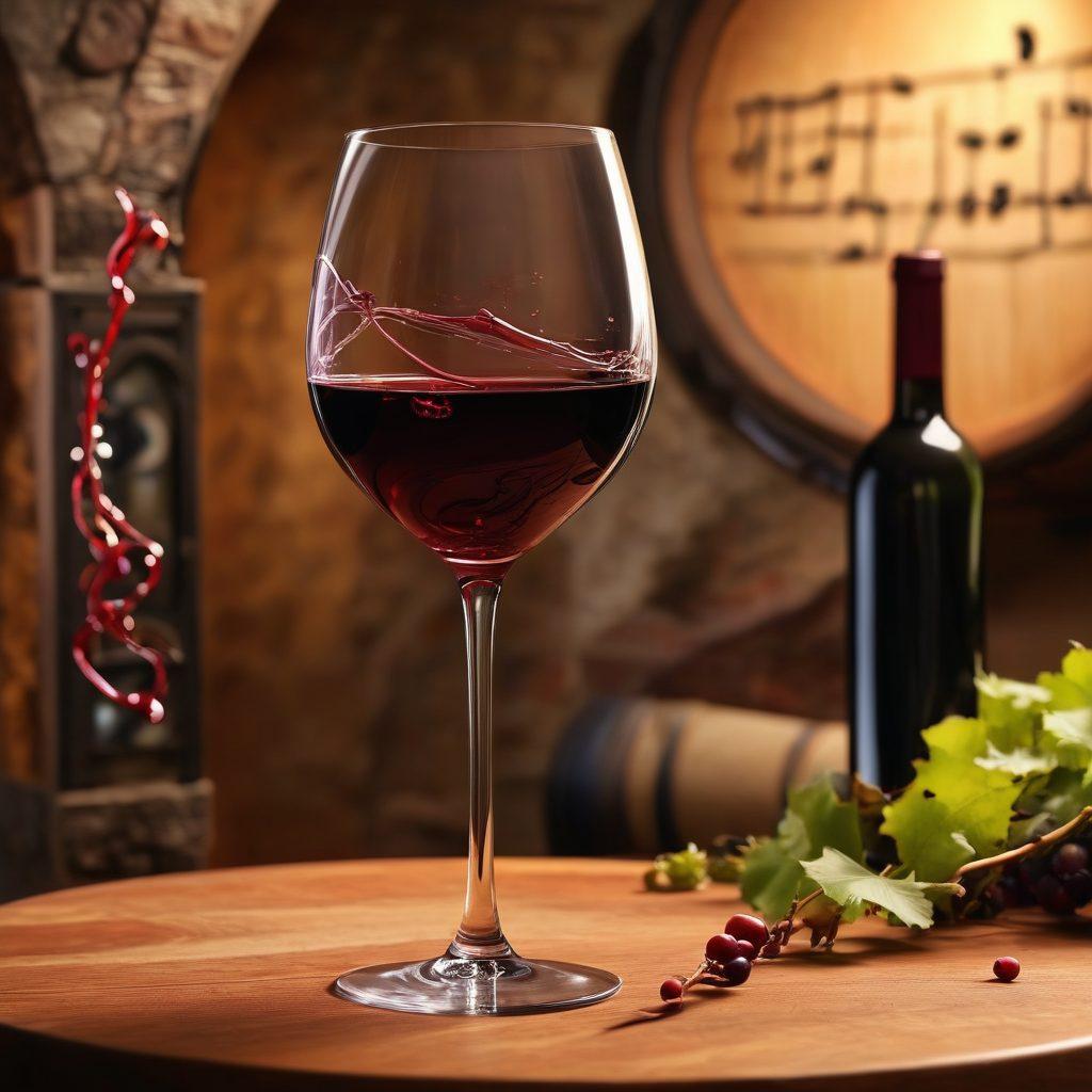 A beautifully designed wine glass filled with deep red wine, with sound waves visually emanating from it, intermingling with grapevines in the background. On one side, delicious wine bottles and a cozy ambiance of a wine cellar. On the other side, musical notes fluttering in the air, symbolizing the blend of wine and sound. Warm, inviting colors with a touch of elegance. super-realistic. vibrant colors.
