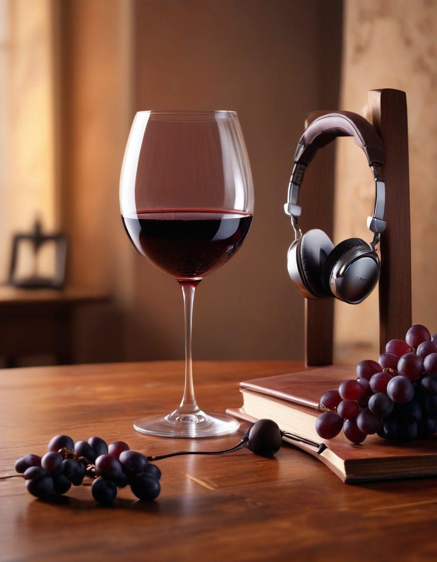 A sophisticated glass of red wine paired with high-end headphones, elegantly arranged on a wooden table. In the background, soft ambient lighting creates a cozy atmosphere, while notes of music and grapes float in the air, symbolizing harmony. Include subtle reflections on the wine glass for depth. painting. warm tones. relaxed ambiance.